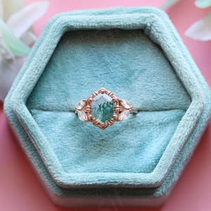 10 x 8,00 mm zeshoek natuurlijke mosagaat 14K roségoud verguld 925 zilveren verlovingshuwelijk unieke art-deco statement belofte liefdesring voor haar