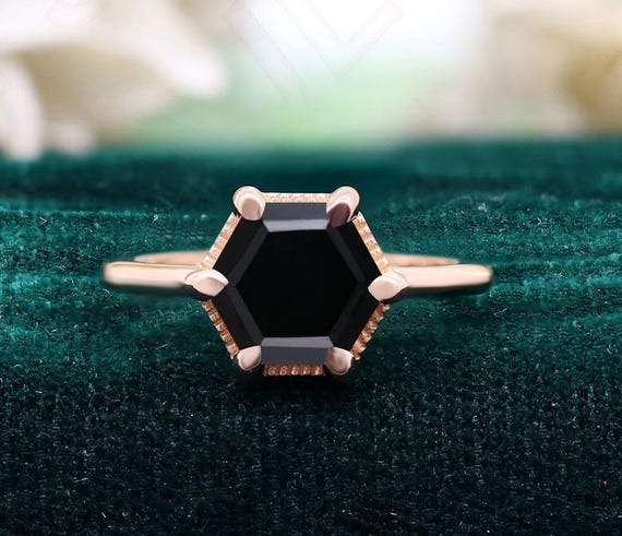 Bague hexagonale en onyx noir 14 carats en argent 925, bague de