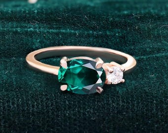 オーバル エメラルド 14K ローズ ゴールド 925 シルバー リング