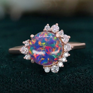 Opale noire ronde, or rose 14 carats, bague en argent 925, bague de fiançailles, bague de mariage, opale de feu noire, bague de promesse, cadeau pour amour, bague