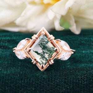 Kite Moss Agate 14K Rose Gold 925 Silver Ring Engagement Ring Wedding Ring Promise Ring Statement Ring Birthday Gift Anniversary Gift