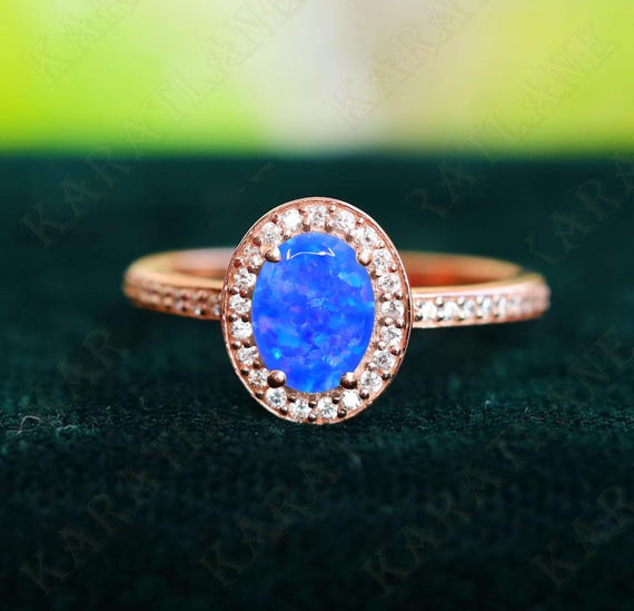 Oval Blue Opal 14K Rose Gold 925 Silver Ring Engagement Ring