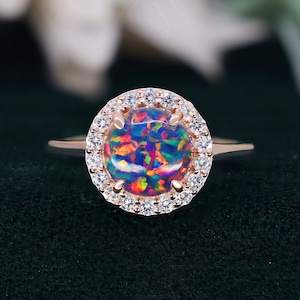 Opale noire ronde, or rose 14 carats, bague en argent 925, bague de fiançailles, bague de mariage, opale de feu noire, bague de promesse, cadeau pour amour, bague