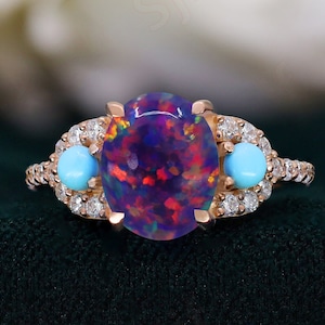 Oval Black Opal 14K Rose Gold 925 Silver Turquoise Ring Engagement Ring Wedding Ring Black Fire Opal Ring Promise Ring Statement Ring