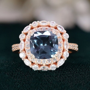 Cushion Alexandrite 14K Rose Gold 925 Silver Ring Engagement Ring Wedding Ring Halo Ring Promise Ring Gift For Love Statement Ring