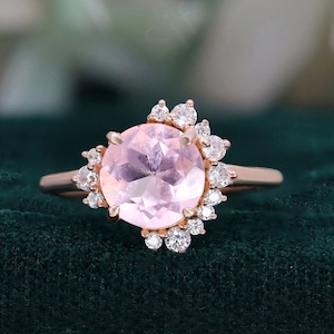 Morganite rose ronde 14 carats bague en argent 925 bague de fiançailles bague de mariage bague art déco bague de promesse cadeau pour bague d&#39;amour