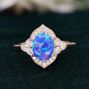 Oval Blue Opal 14K Rose Gold 925 Silver Ring Engagement Ring Wedding Ring Blue Fire Opal Ring Promise Ring Gift For Love Statement Ring