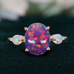 Oval Black Opal 14K Rose Gold 925 Silver Ring Engagement Ring Wedding Ring Black Fire Opal Ring Promise Ring Gift For Love Statement Ring