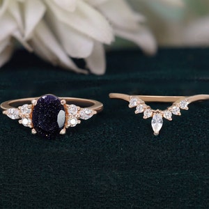 Oval Blue Sandstone 14K Rose Gold 925 Silver Engagement Ring Set Wedding Ring Set Bridal Ring Set Two Ring Set Stacking Rings Gift For Love