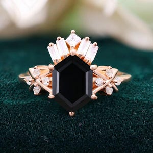 Hexagon Black Onyx 14K Rose Gold 925 Silver Ring Engagement Ring Wedding Ring Black Art Deco Ring Promise Ring Gift For Love Statement Ring
