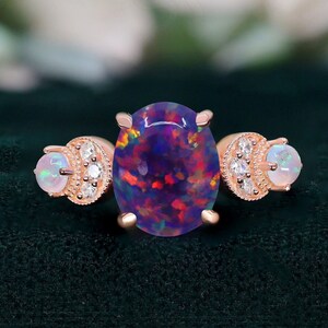 Oval Black Opal 14K Rose Gold 925 Silver Ring Engagement Ring Wedding Ring Black Fire Opal Ring Promise Ring Gift For Love Statement Ring