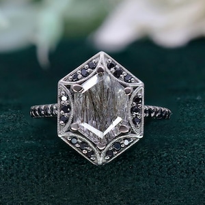 Hexagon Black Rutilated Quartz Black Rhodium Plated 925 Silver Ring Engagement Ring Wedding Ring Art Deco Ring Promise Ring Statement Ring