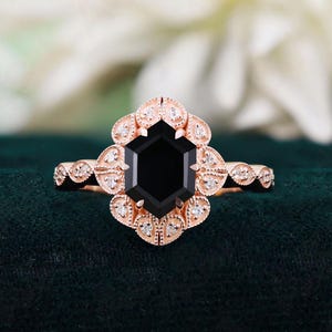 Hexagon Black Onyx 14K Rose Gold 925 Silver Ring Engagement Ring Wedding Ring Black Art Deco Ring Promise Ring Gift For Love Statement Ring