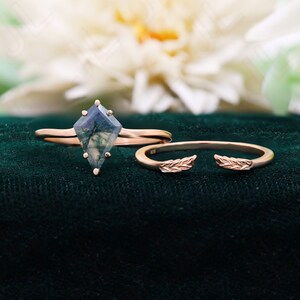 Kite Moss Agate 14K Rose Gold 925 Silver Engagement Ring Set Wedding Set Ring Green Moss Agate Ring Set Stacking Rings Gift For Love
