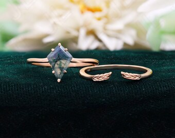 Kite Moss Agate 14K Rose Gold 925 Silver Engagement Ring Set Wedding Set Ring Green Moss Agate Ring Set Stacking Rings Gift For Love
