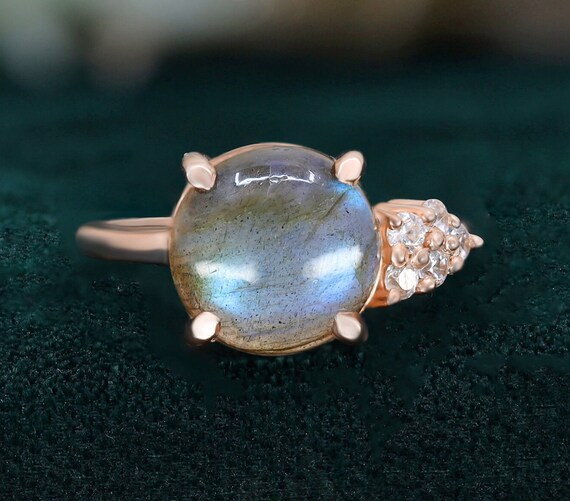 Labradorite ronde, or rose 14 carats, bague en argent 925, bague