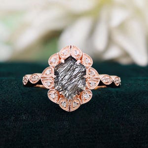 Hexagon Black Rutilated Quartz 14K Rose Gold 925 Silver Ring Engagement Ring Wedding Ring Art Deco Ring Promise Ring Statement Ring