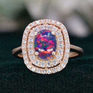Oval Black Opal 14K Rose Gold 925 Silver Ring Engagement Ring Wedding Ring Black Fire Opal Ring Promise Ring Gift For Love Statement Ring
