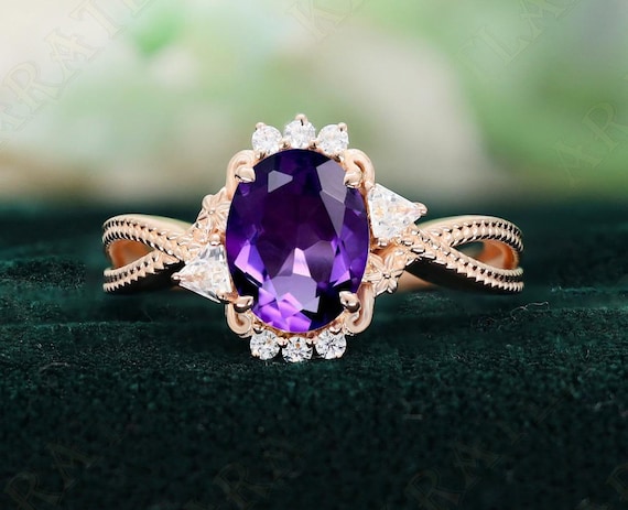 Oval Amethyst 14K Rose Gold 925 Silver Ring Engagement Ring