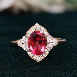 Oval Rubin Edelstein 14K Rose Gold 925 Silber Ring Verlobungsring Hochzeitsring Art Deco Ring Versprechensring Statement Ring Geburtstagsgeschenk