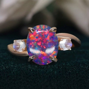 Oval Black Opal 14K Rose Gold 925 Silver Ring Engagement Ring Wedding Ring Black Fire Opal Ring Promise Ring Gift For Love Statement Ring