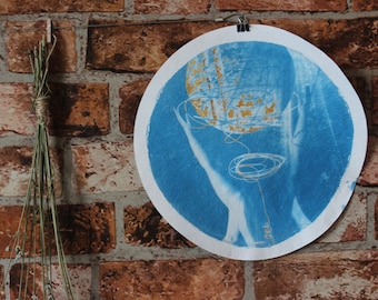 CYANOTYPE: 'Transcending' - Handcrafted 12" blue art print with 24 karat gold leaf