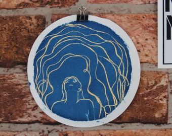 CYANOTYPE: 'haze of you & me' - Handcrafted blue cyanotype print with 24 karat gold leaf