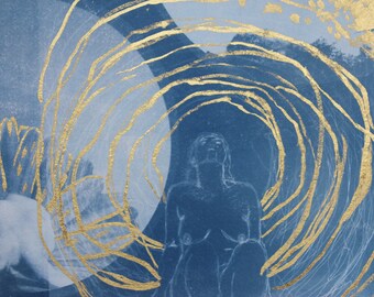 CYANOTYPE: '& yet, I stayed' - Handcrafted A3 blue art print with 24 karat gold leaf