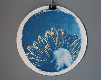 CYANOTYPE: 'second chances pt.III' - Handcrafted blue cyanotype print with 24 karat gold leaf