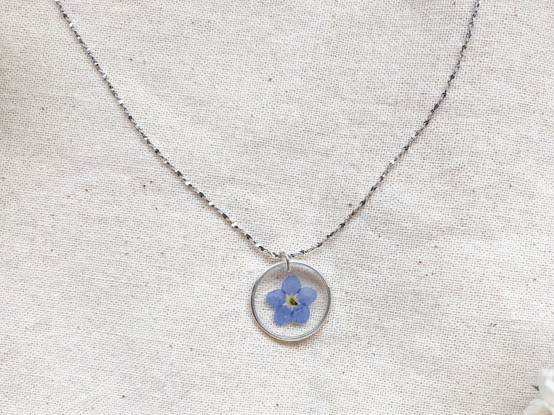 Real Pressed Flower Me Not Necklace, Real Flower Necklace