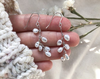 Cluster pearl earrings, sterling silver, dangle, white pearl, wedding jewelry, long earrings, cultured pearl, drop earrings, elegant pearl