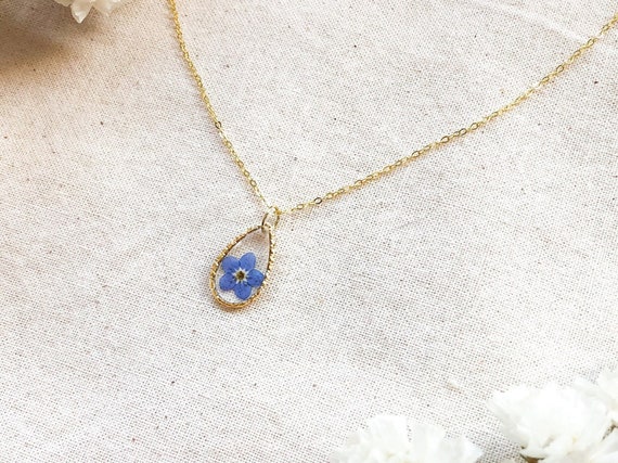 Collar Forget-Me-Not - Colgante gota de plata 925 o bañado en oro - Joyería botánica de resina - Flores secas - Hecho a mano para ella