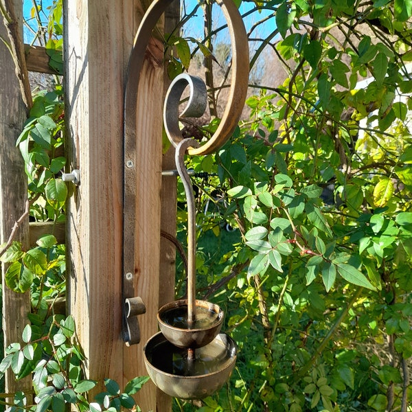 Hand Forged Bracket and Hanging 2 tier Rain Catcher- Plant Stake- Gardening-Supports- Handmade-Steel Supports -present-gift-unique