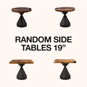 May include: Four side tables with a black conical base and a wooden top. The tops are either round or square, with a natural wood grain pattern. The tables are 19 inches tall.