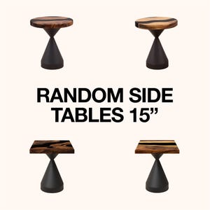 May include: Four side tables with wooden tops and black conical bases. The tables have a 15-inch diameter. The text "RANDOM SIDE TABLES 15" is displayed in bold, black font.
