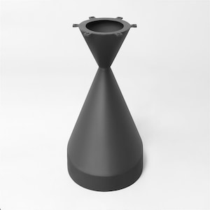 May include: Black metal table base with a cone shape and a flat top. The base has a star-shaped plate with six points.
