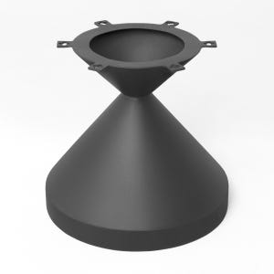 May include: A black metal cone-shaped base with a flat top and a circular plate with six screw holes. The base is designed to support a table or other furniture.