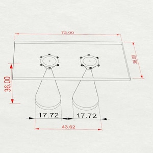 May include: Top-down view of a table design with dimensions in inches. The rectangular tabletop is 72 inches long and 36 inches wide. Two support structures are shown, each with a circular top and a teardrop-shaped base.