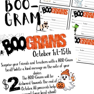Puede incluir: Un folleto blanco con el texto "BOO-GRAM" en letras negras grandes y "October 1st-15th" en naranja. El folleto incluye ilustraciones de fantasmas, arañas y calabazas. El precio es de $2. Archivo PDF.