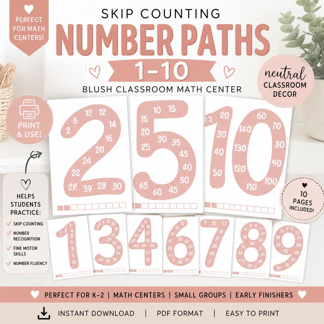 Blush Skip Counting Number Paths 1–10 | Math Center Activity | Neutral ...