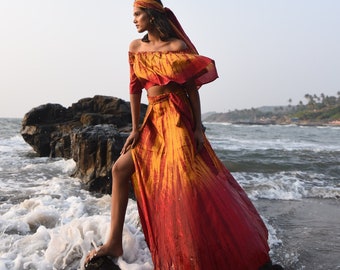 ASHA Off the Shoulder top - 100% Silk, hand dyed, boho, off shoulder,  top, resort wear, sustainable, hand made, yellow, red