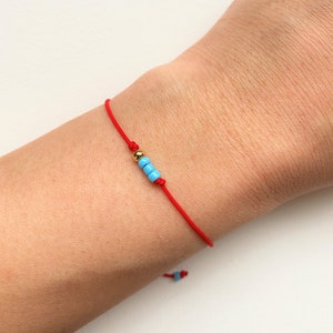 Red Cord Bracelet, String of Fate Adjustable Cord, Gold Plated Bead, Evil Eye Blue Bead, Unisex, Minimalist, Soul Mate, Kabbalah Valentines