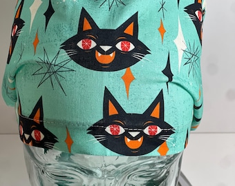 Vintage (aqua) spooky cat euro style scrub cap.