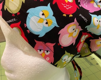 Snooze Owl unisex tie back scrub chemo, chef hat