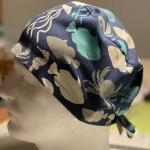 Navy sea life tie back scrub, chemo, biker or chef hat.