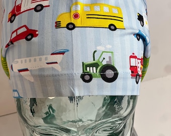 Firetruck, ambulance, plane, trash truck, school bus, tractor, taxi, helicopter, euro scrub hat