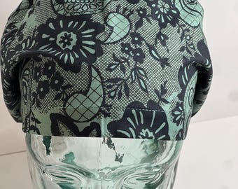 Noire Lace Dia de los muertos  euro style scrub cap. Delicately dark. Halloween.