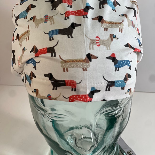 dachshund, red white and blue, euro style scrub cap.