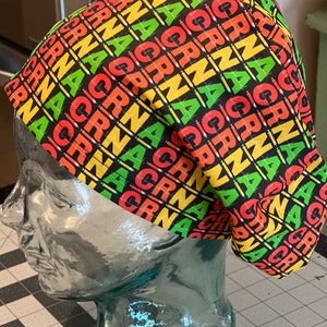 CRNA (Rastafarian letters) euro style scrub cap. CRNA, nurse, anesthesia, surgery, anesthetist.