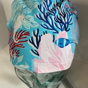 Ocean coral reef seahorse cotton candy baby blue  euro style scrub hat